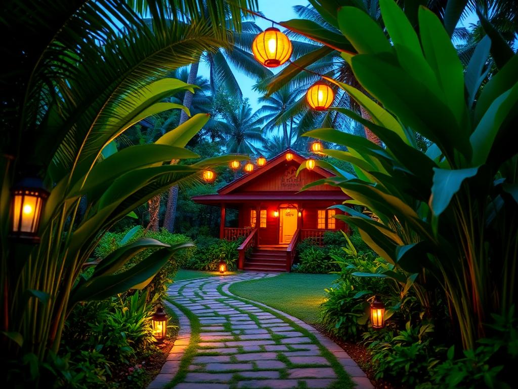 Caminho iluminado entre a vegetação